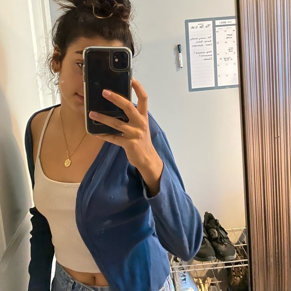 blue button up soft neckline cardigan - Picture 2 of 2